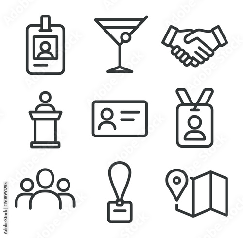 Networking Event Icons. Outline icon set of networking event essentials: name badge, cocktail glass, handshake, presentation