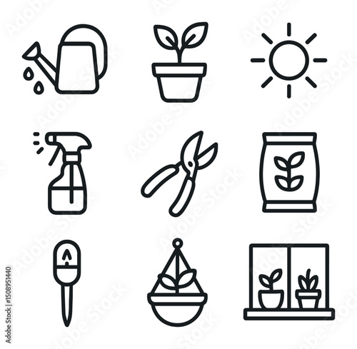 Houseplant Care Icons. Outline icon set of properly caring for household plants and flowers: