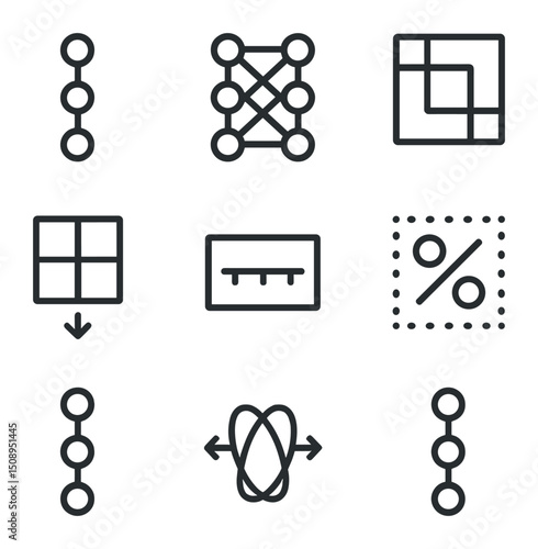 Neural Network Icons. Outline icon set of neural network layers: input layer, dense layer, convolutional layer, pooling layer,