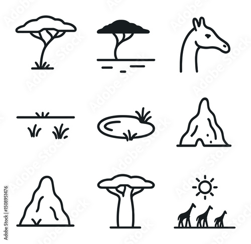 Giraffe Habitat Icons. Outline icon set of giraffe habitats and neck view: savanna tree, acacia silhouette, grassland horizon,