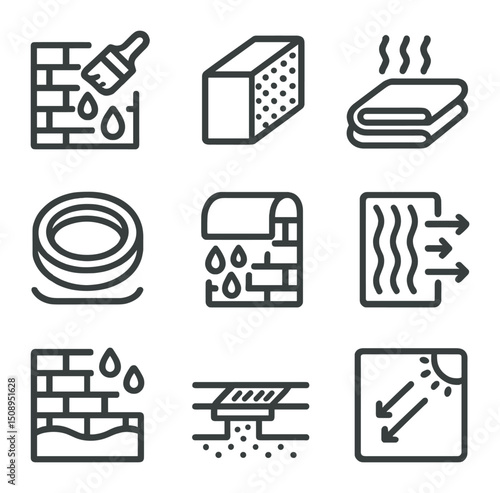 Insulation Icon Set. Outline icon set of insulation and weatherproofing: waterproof coating, foam liner, thermal blanket, gasket