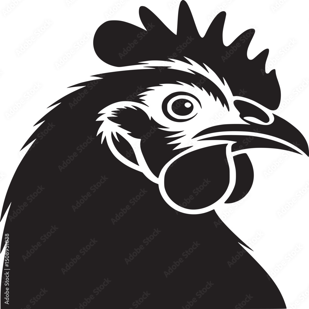Fototapeta premium A black and white graphic illustration of a rooster head with a distinct comb and wattle design