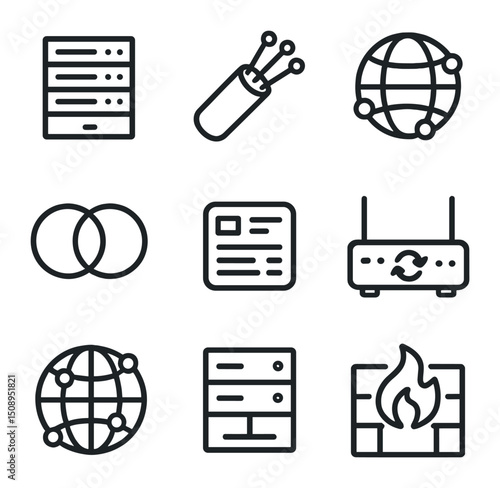 Internet Infrastructure Icons. Outline icon set of global internet infrastructure: data center rack, fiber optic strand, CDN node,