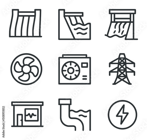 Hydroelectric Dam Icons. Outline icon set of hydroelectric dams: dam wall, water reservoir, spillway
