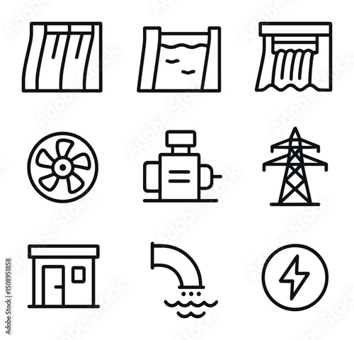 Hydroelectric Dam Icons. Outline icon set of hydroelectric dams: dam wall, water reservoir, spillway