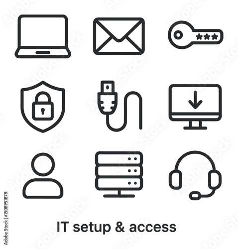 IT Setup Icons. Outline icon set of IT setup & access: laptop, email envelope, password key, VPN lock, network cable, software