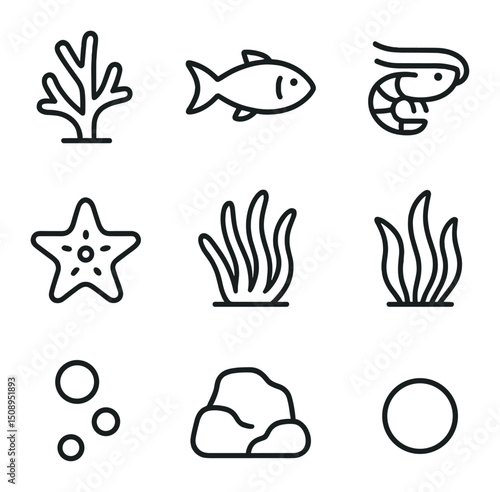 Nighttime Reef Icon Set. Outline icon set of nighttime coral reef glow: coral branch, fish silhouette, shrimp outline, sea star,