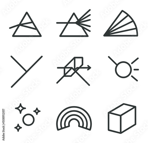 Glass Prism Icon Set. Outline icon set of glass prism light effects: triangular prism, dispersed beam, color spectrum, refracted