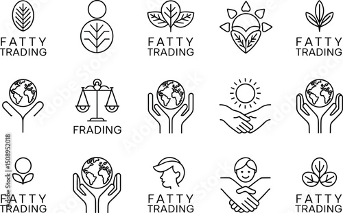 Set of minimalist black line icons representing eco trading, global environmental protection, sustainable business, ethical partnership, and nature-friendly commerce concepts