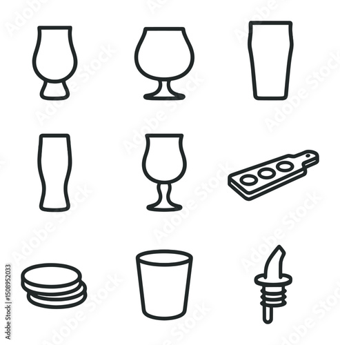Glassware Icon Set. Outline icon set of tasting glassware essentials: tulip glass, snifter bowl, pint glass, weizen glass, goblet