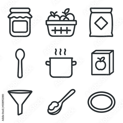 Jam Making Icons. Outline icon set of jam making preservation: jam jar, fruit basket, sugar sack, wooden spoon, boiling pot,