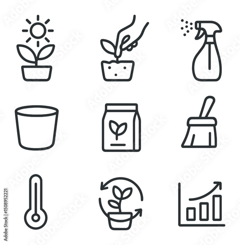 Indoor Plant Care Icons. Outline icon set of properly caring for household plants and flowers: