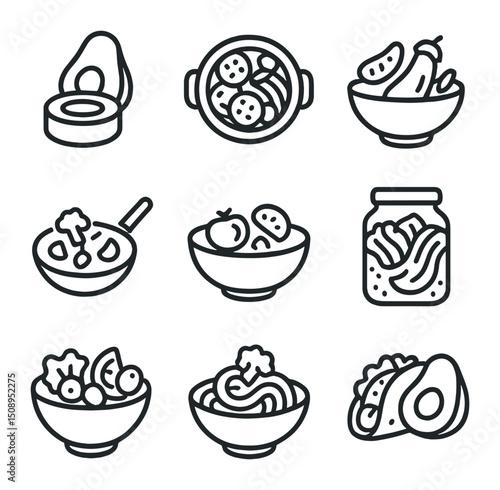Global Vegetable Icons. Outline icon set of vegetables in global cuisines: sushi avocado, ratatouille pan, curry eggplant,