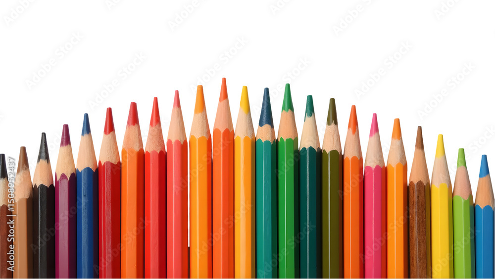 Open crayon box with vibrant colors scattered around, worn tips details, transparent background and soft shadow underneath. Open crayon box with vibrant colors scattered around, worn tips details, transparent background and soft shadow underneath.