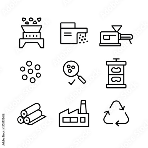 Ocean Recycling Icons. Outline icon set of ocean plastic recycling process: shredder, pelletizer, extrusion machine, mold press,