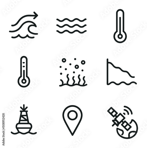 Oceanographic Icon Set. Outline icon set of Pelagia habitat and distribution: coastal current, open sea, temperature gradient,