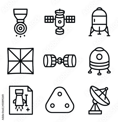Interplanetary Travel Icons. Outline icon set of interplanetary travel technology: ion thruster,