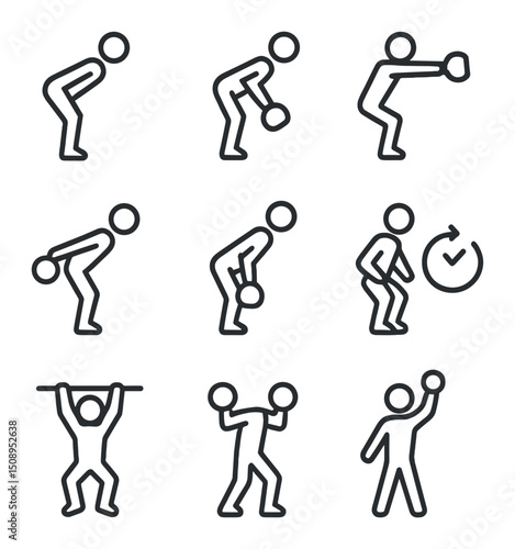 Kettlebell Workout Icons. Outline icon set of progression levels: bodyweight hinge, light swing, heavy swing, single-arm swing,