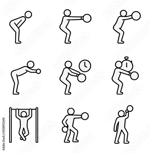 Kettlebell Workout Icons. Outline icon set of progression levels: bodyweight hinge, light swing, heavy swing, single-arm swing,