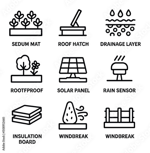 Green Roof Icons. Outline icon set of green roof systems: sedum mat, roof hatch, drainage layer, waterproof membrane, rooftop