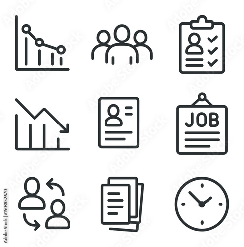 Job Market Icons. Outline icon set of job market analysis: unemployment rate graph, labor force icon