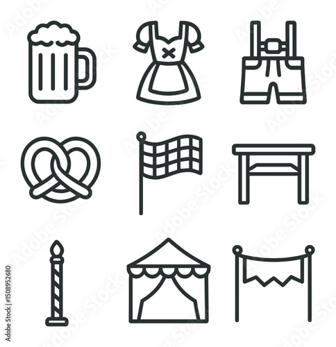Oktoberfest Icon Set. Outline icon set of Oktoberfest beer mug festival: large mug, dirndl silhouette, lederhosen, fest tent,
