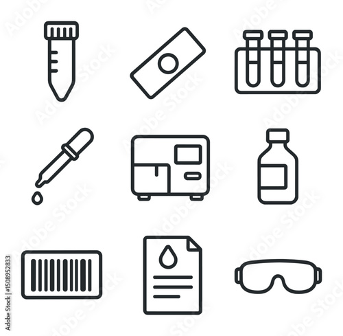 Lab Equipment Icons. Outline icon set of blood testing laboratory: centrifuge tube, microscope slide, test tube rack, pipette drop