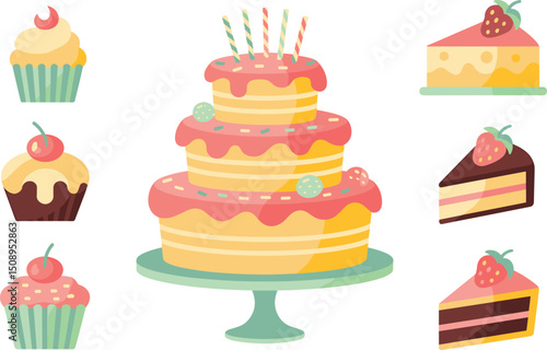 Colorful birthday cake with candles and assorted cupcakes and slices of strawberry chocolate cake flat vector illustration dessert party celebration sweet food