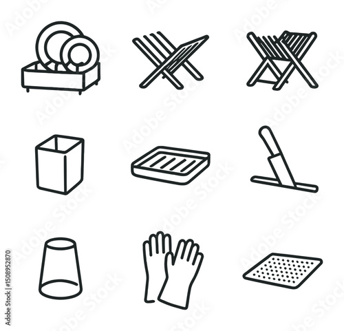 Kitchen Drying Icon Set. Outline icon set of kitchen drying station: compact dish rack, foldable