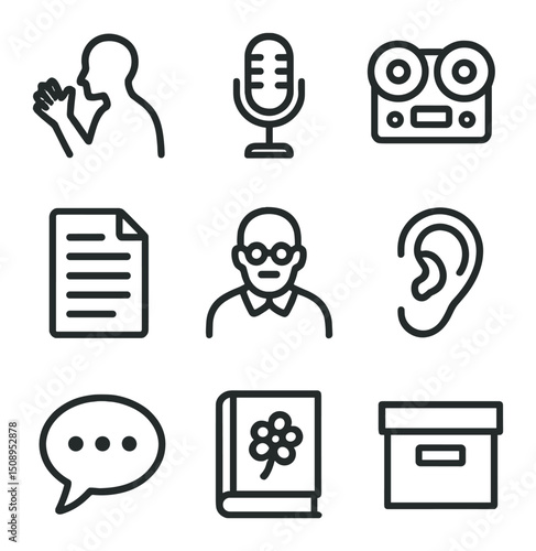 Oral History Icons. Outline icon set of oral history traditions: storyteller silhouette, microphone, tape recorder, transcript