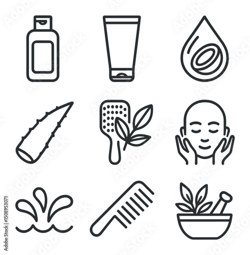 Organic Hair Icons. Outline icon set of organic hair treatments: shampoo bottle, conditioner tube, coconut oil droplet, aloe leaf,