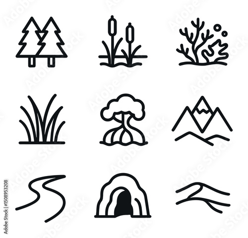 Habitat Preservation Icons. Outline icon set of habitat preservation: forest canopy, wetland marsh, coral reef, prairie grass,