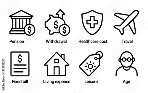 Financial planning icons for retirement and travel expenses management