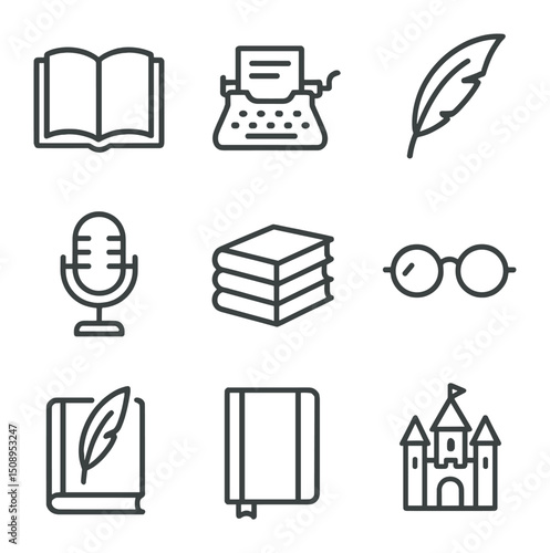 Literature Icons Grid. Outline icon set of literature and storytelling: open book, typewriter, quill