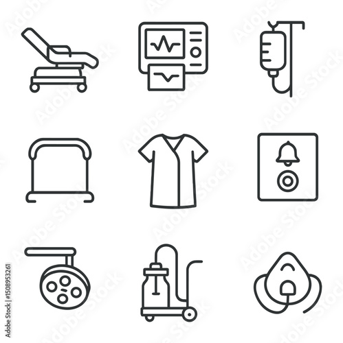 Labor Suite Icons. Outline icon set of labor and delivery suite: birthing bed, fetal monitor, IV drip, push bar, labor gown,