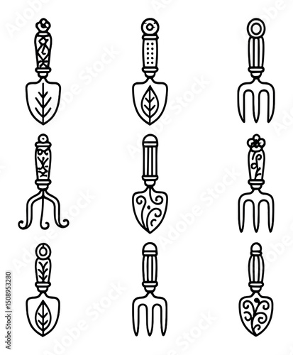 Ornamental Gardening Tools. Outline icon set of ornamental hand trowels and forks: filigree handle, leaf-engraved shaft, floral