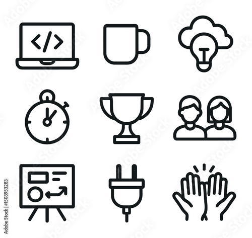 Hackathon Icon Set. Outline icon set of hackathon winning team: laptop with code, coffee mug, brainstorming cloud, timer clock,