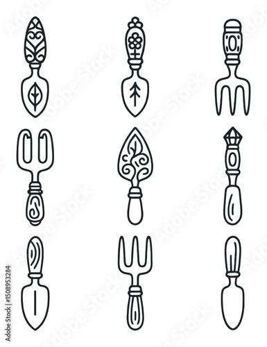 Ornamental Gardening Tools. Outline icon set of ornamental hand trowels and forks: filigree handle, leaf-engraved shaft, floral