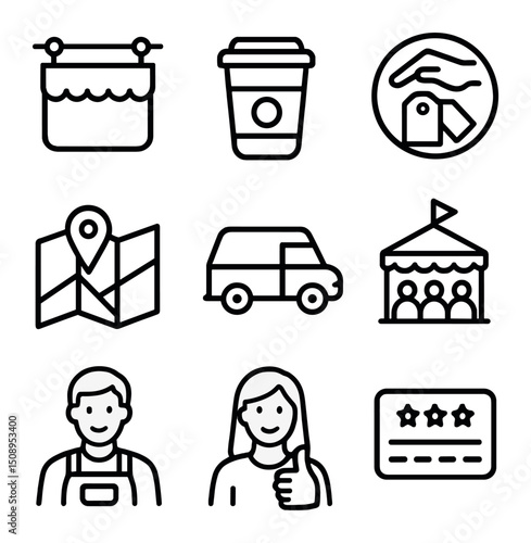 Local Shops Icon Set. Outline icon set of thriving local shops: boutique sign, coffee shop cup,