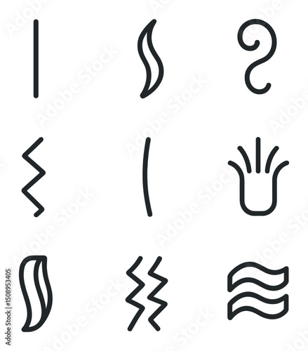 Hair Texture Icons. Outline icon set of hair texture types: straight strand, wavy lock, curly curl, coiled kink, fine strand,