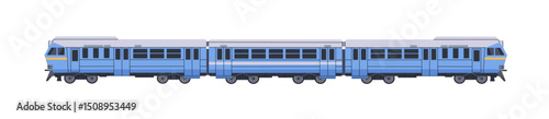Locomotive with passenger carriages. Suburban electric train side view. Railroad transport with blue wagons for rail travel. Railway coaches. Flat isolated vector illustration on white background