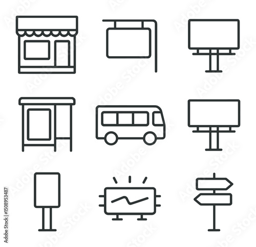 Outdoor Signage Icons. Outline icon set of outdoor signage mockups: storefront sign, hanging sign, A-frame sidewalk sign, bus