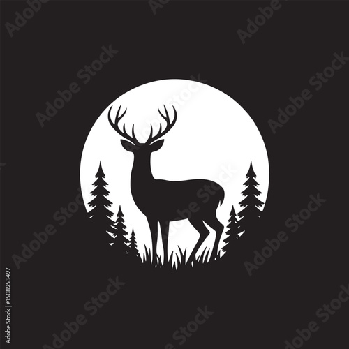 Silhouette of a deer standing in front of a white circle with trees on a black background scene