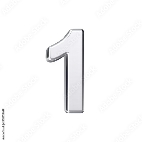 Shiny silver number one with reflective metallic surface on transparency background
