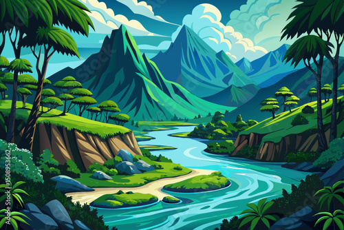 Amazing view of river in tropical green forest with mountains in illustration vector