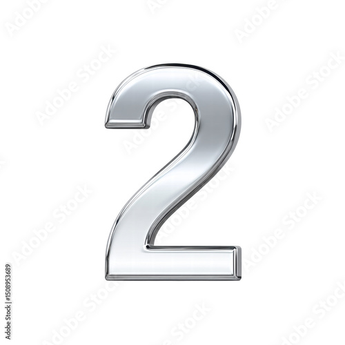 Shiny silver number two with reflective metallic surface on transparency background