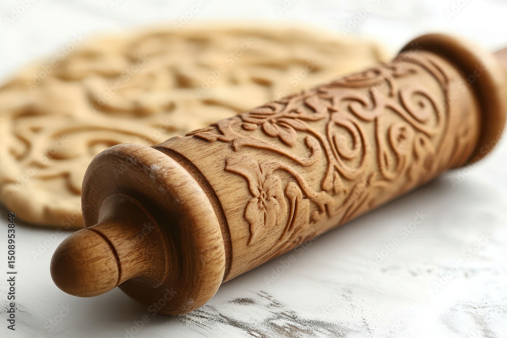 Fototapeta premium Wooden Rolling Pin with Intricate Design and Dough Pattern Background