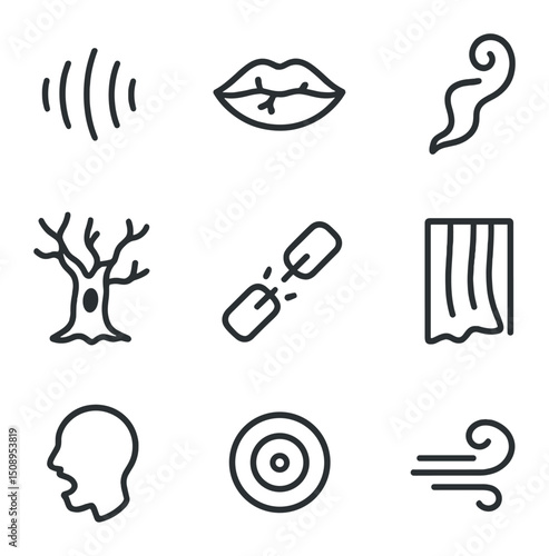 Haunted Whisper Icons. Outline icon set of haunted whispers atmosphere: floating sound wave, cracked lips, ghostly mist, hollow
