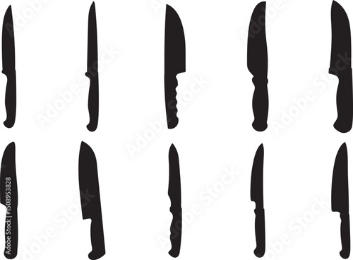 Collection of Black Kitchen Knife Silhouettes Featuring Chef’s, Paring, and Serrated Knives in Various Blade Styles and Handle Designs on White Background, set of knives