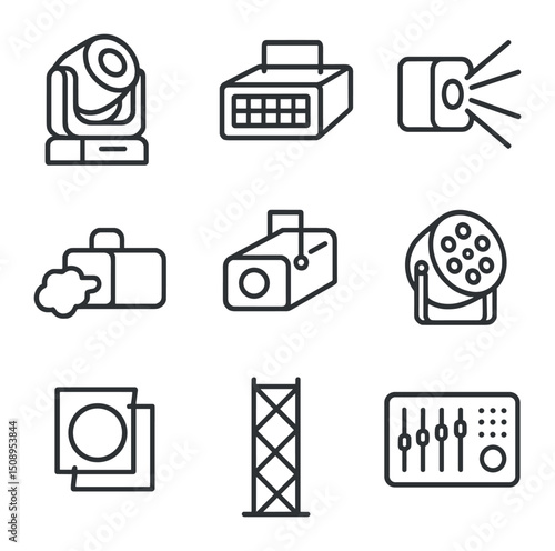 Lighting Icon Set. Outline icon set of lighting and effects: moving head light, strobe lamp, laser beam, fog machine, gobo